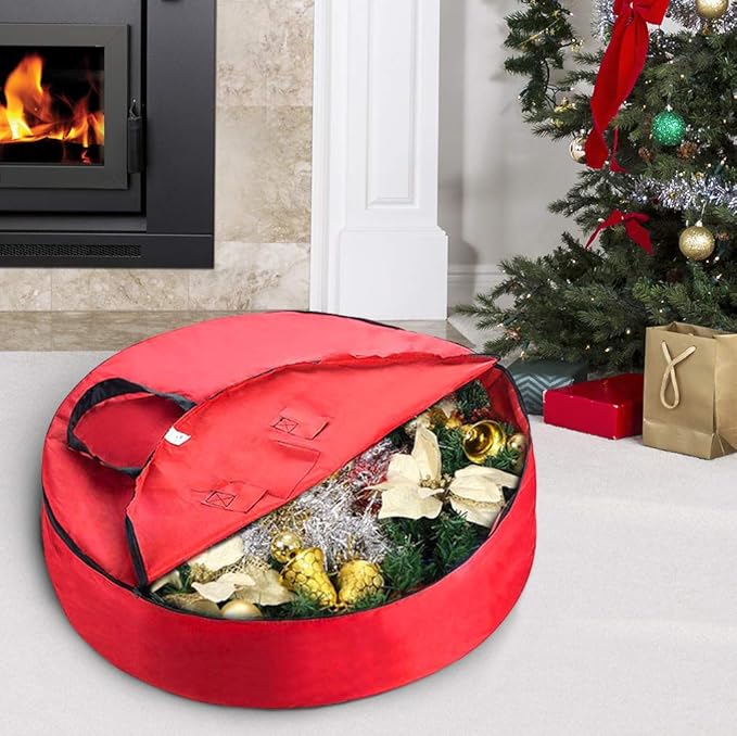 Primode Heavy Duty Christmas Wreath Storage Bag 24"- Garland Wreaths Container with Handles - Durable 600D Oxford Polyester Material Holiday Wreaths Storage Holder 24” (Red)