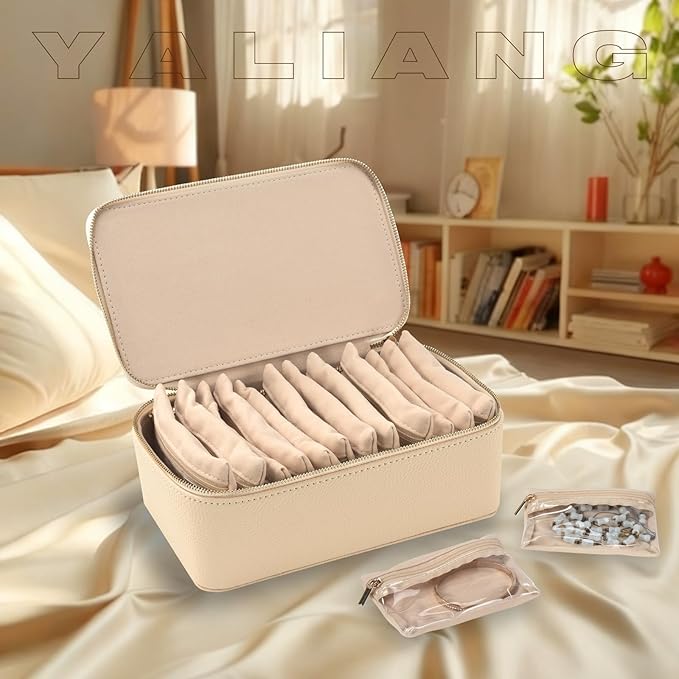 Travel Jewelry Box,Jewelry Travel Organizer for Women, Travel Jewelry Case with 12pcs Velvet Jewelry Pouches for Necklaces Rings Earrings Sorting Storage(Beige