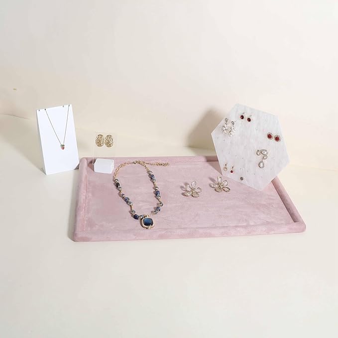 Rectangle Jewelry storage organizer plate, Velvet Jewerly display tray, Empty showcase tray for Necklace Bracelet Ring Earring【Pink-Large, 17.7 x 11.8 in 】