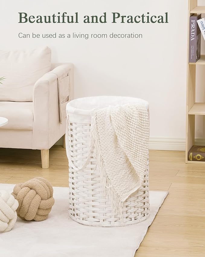 Laundry Hamper Laundry Basket Round 19.0 Gal (72 L) Handwoven Rattan Hamper, Large Wicker Laundry Hamper with Removable Laundry Bag Handles 2 Mesh Bags for Bedroom Living Room White (No Lid)