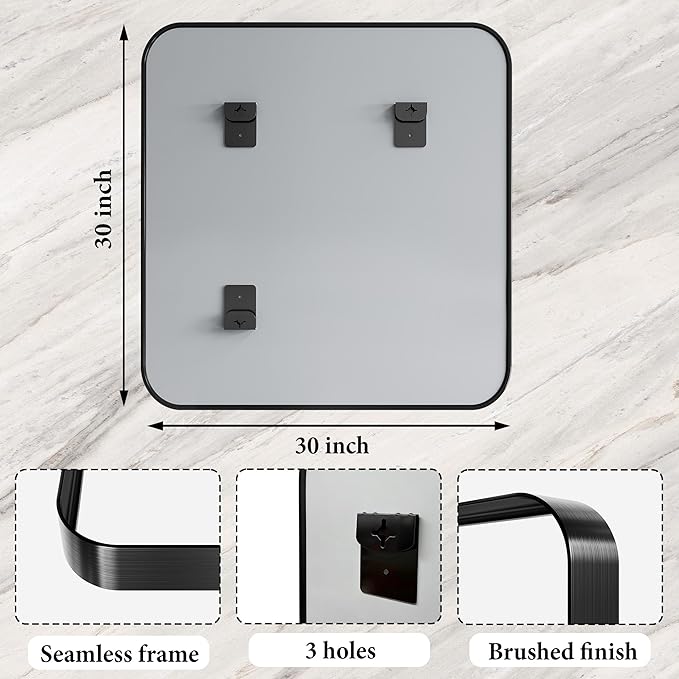 Bathroom Mirror for Wall, 30 Inch Square Mirror, Matte Black Metal Framed Square Vanity Mirror for Bathroom Bedroom Living Room Entryway, Anti-Rust, Tempered Glass, Hanging or Leaning