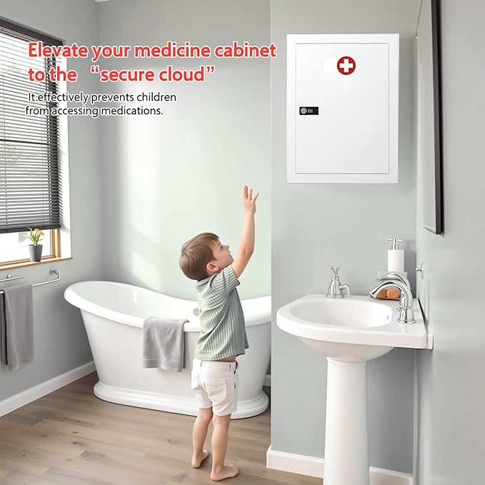 Wall-Mount Locking Medicine Cabinet: Large Metal Storage Organizer Box with Combination & Key Lock - First Aid Medicine Cabinet 3-Compartment Design for Bathroom Home (15.75" H x 11.82" W x 4.72" D)