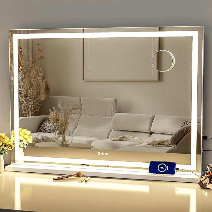 Makeup Vanity Mirror with Lights 32" x 24" Large LED Makeup Mirror, Light up Mirror with 10X Magnification and USB Charging Port, Dimmable 3 Modes, Touch Screen Control Square Corner