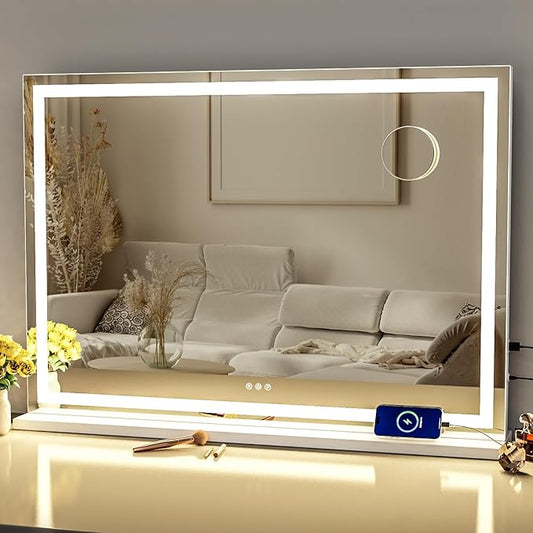 Makeup Vanity Mirror with Lights 32" x 24" Large LED Makeup Mirror, Light up Mirror with 10X Magnification and USB Charging Port, Dimmable 3 Modes, Touch Screen Control Square Corner