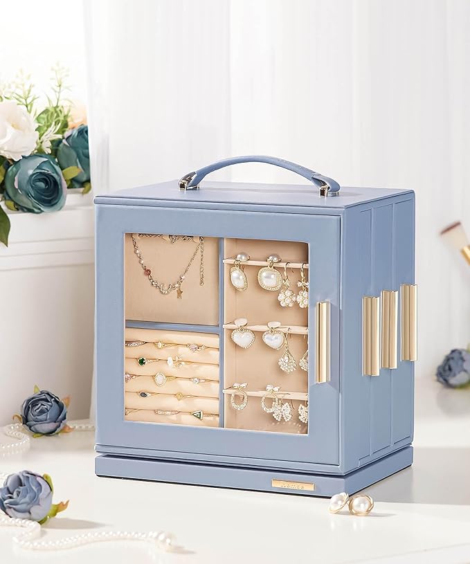 Homde Valentine's Day gifts Jewelry Box 360° Rotating, Necklace Earring Organizer with Transparent Window, Mirror, 7 Drawers, Large Ring Display Storage Case for Girls Women (Grey Blue)