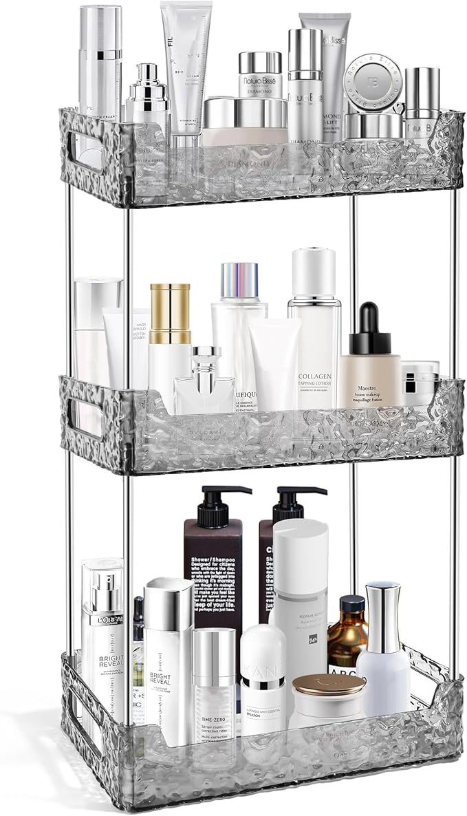 3-Tier Bathroom Counter Organizer Countertop Storage, Dresser Organizer Vanity Tray for Makeup, Perfume Organizer Cosmetics Skincare Shelf - Grey