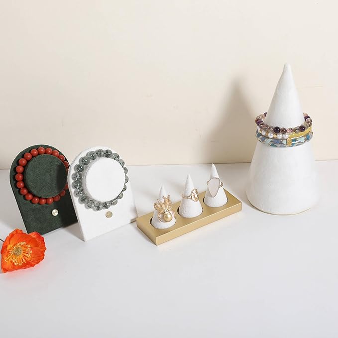 GemeShou Jewelry ring display holder for selling, velvet ring cone display stand, cute cone shaped ring holder with golden coated base,Medium jewelry ring storage organizer【Ring holder-white 3 cone】
