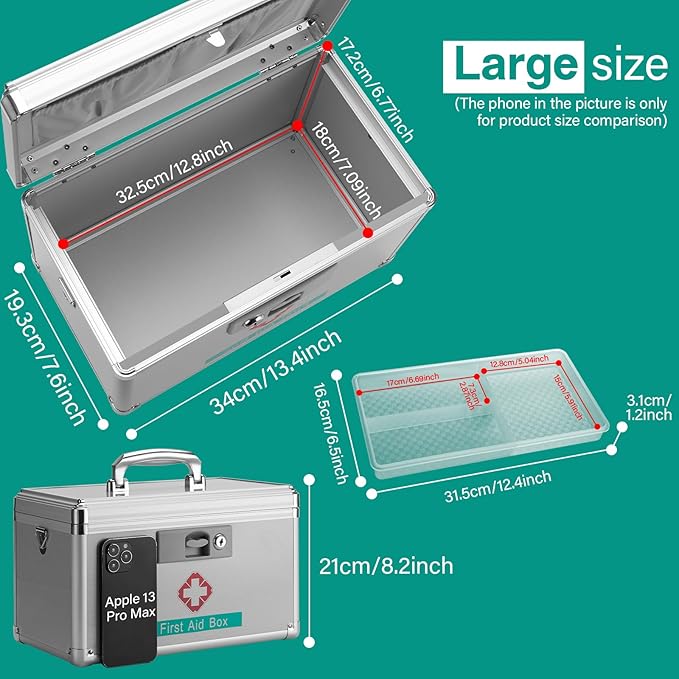 Medicine Storage Box with Key for Safe Medication - 13.4 x 7.6 x 8.2 Inches - Empty Lockable First Aid Box Organizer Container for Drugs for Home, Dorm, Office, Outdoor (Silver/Large)