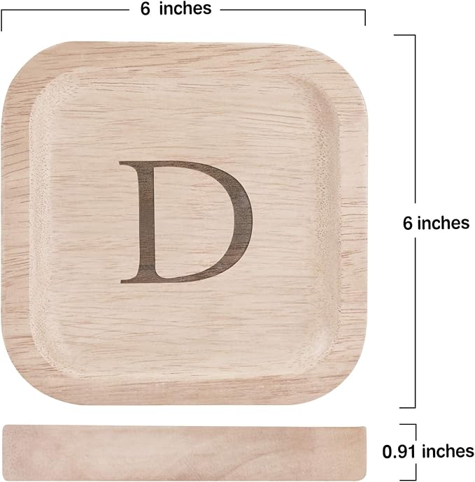 I'm Wooden Personalized Letter Catchall Valet Tray Trinket Dish Jewelry Tray Key Bowl Decorative Plate Organizing Ring Earrings Necklaces Bracelet Watch Coins Wallet Holder (6"x6" Sq Natural D)
