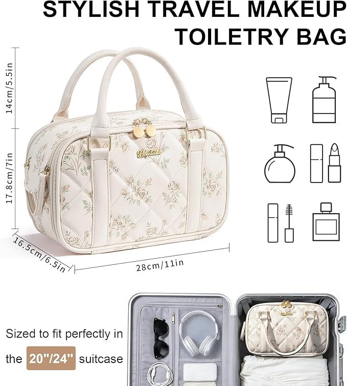 Travel Makeup Bag, Large Capacity Quilted Toiletry Bag for Women Stand-up Cosmetic Bag Open Flat Make Up Case Organizer Portable Pouch Purse w/Handle for Traveling Accessories Beige Floral