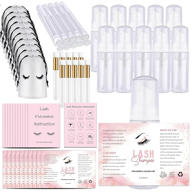 60PCS Lash Shampoo Bottles and Brushes Set, 10pcs Foam Pump Dispenser, Lash Cleaning Brush, Eyelash Extension Tube Brush, Instructions Cards, Bags, Lash Shampoo Stickers for Business Clients (B-white)