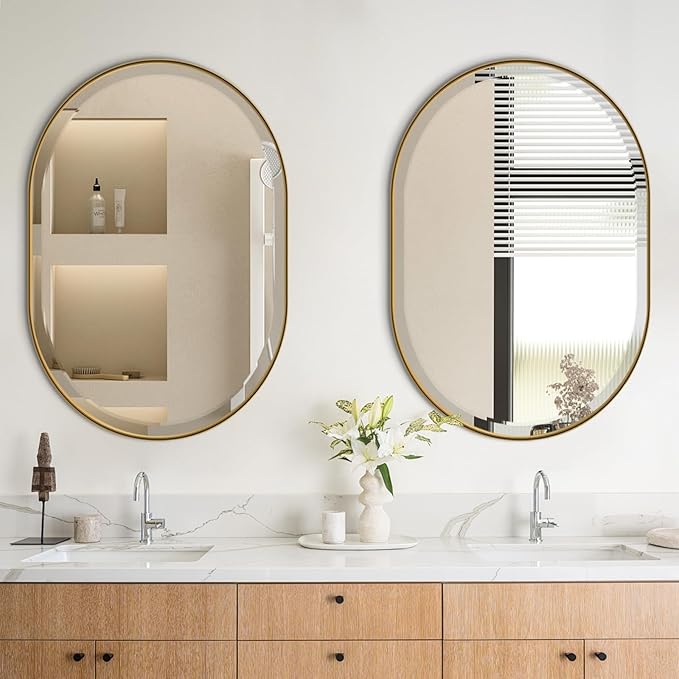 POZINO Oval Mirror Over Sink, Brushed Gold Beveled Bathroom Mirror, 22"x30" Vanity Wall Mirrors with Stainless Steel Frame, Brass Modern Rounded Mirrors for Bedroom Living Room Entryway