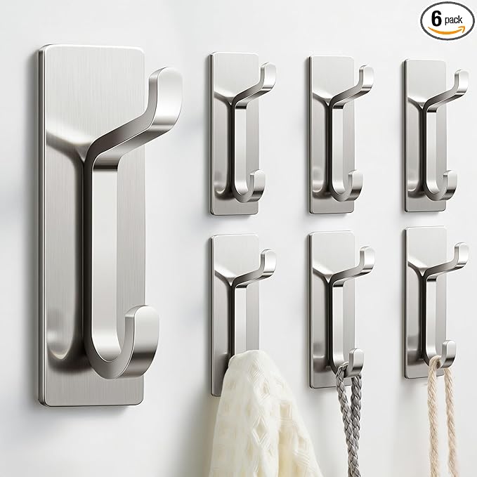 pickpiff Wall Hooks for Coat and Towel: 13LB Strong Adhesive Door Hanger Stick on, Brushed Nickel 6 Pack