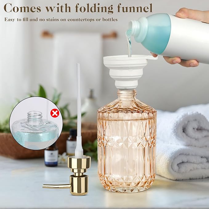 6 Pack Glass Soap Dispenser with Pump 15.2 oz Refillable Liquid Hand Soap Dish Soap Dispensers Vintage Soap Dispenser Liquid Bottle for Kitchen Sink Bathroom Counter(Gold,Gold Pump Head)