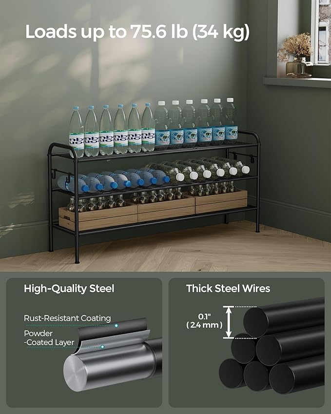 SONGMICS Shoe Rack, 3-Tier Shoe Organizer, Metal Shoe Shelf Storage with 4 Side Hooks, Holds 15 Pairs of Shoes, Height-Adjustable Shoe Rack for Entryway, Hallway, Closet, Ink Black ULMR138B01