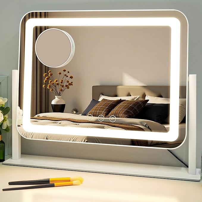 Sucedey Vanity Mirror with Lights, 18.1" L x 14.2" W LED Makeup Mirror, Hollywood Mirror with 3 Color Modes & Adjustable Brightness, Detachable 10x Zoom Mirror, 360 Degree Rotation (White)
