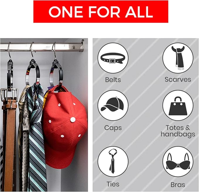 Multipurpose Closet Hangers, 25 Tie Belt Hanger for Closet, Great Space Saving Belt Organizer for Wardrobe, Ideal for Storing Belts, Ties, Scarfs, Baseball Hats, Purses & More, 1 Pack