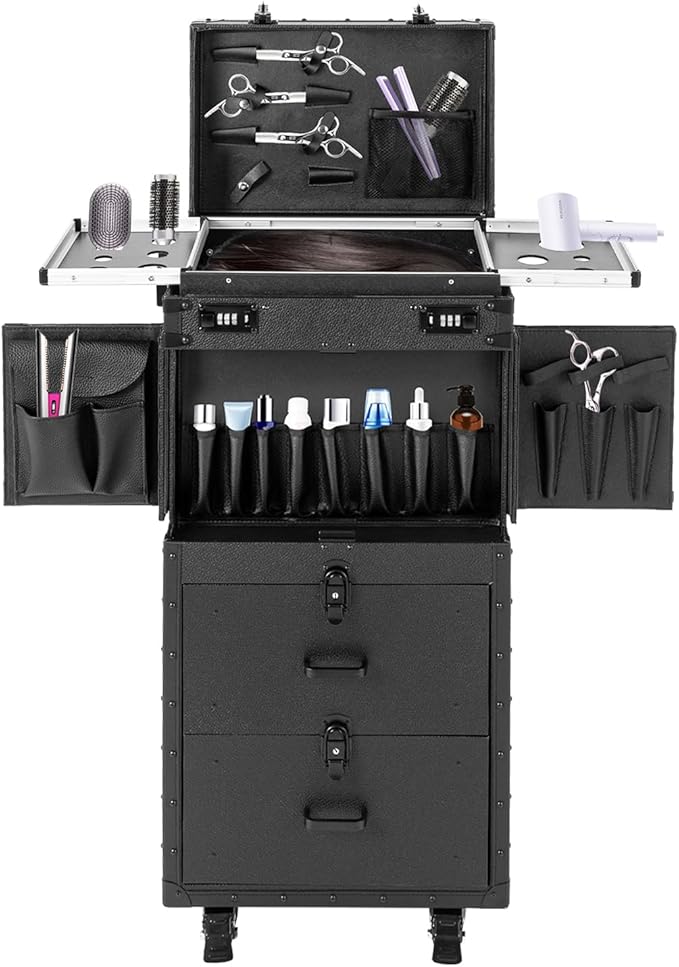 Rolling Lockable Makeup Train Case,Professional Makeup Train Case,Aluminum Cosmetic Case with 360° Swivel Wheels,Multifunction Cosmetics Trolley Train Case