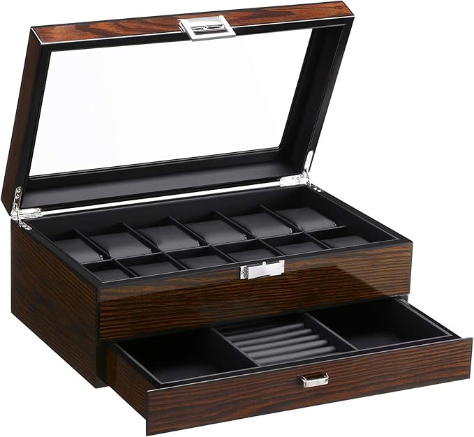 BEWISHOME High-End Watch Box, 12-Slot Watch Case with Large Glass Lid, 2-Layer Wooden Watch Box for Men, Watch Organizer Watch Storage Holder for Men Brown SSH02Y