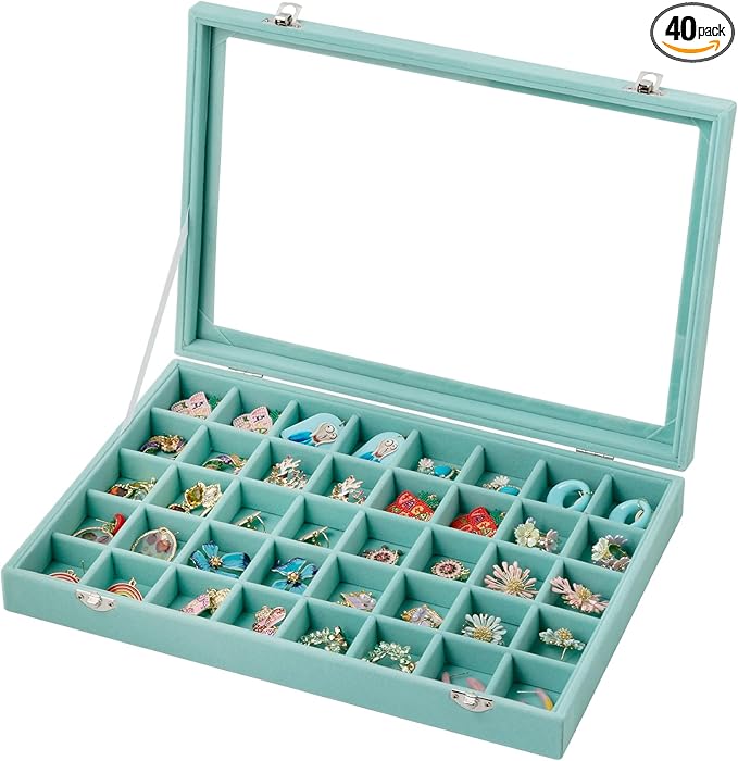 Frebeauty 40 Grid Jewelry Tray,Adjustable Earring Holder Organizer with Glass Lid,Velvet Drawer Jewelry Organizer for Rings,Studs,13.8 x 9.5 x 2 Inches Jewelry Display Box,Gift for Women(Turquoise)