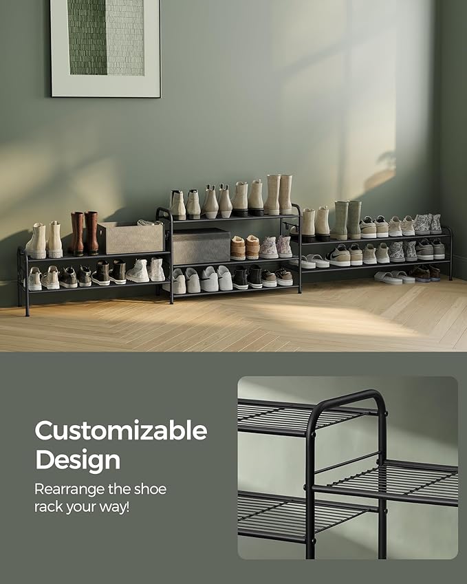 SONGMICS Shoe Rack, 2-Tier Shoe Organizer, Metal Shoe Shelf Storage with 4 Side Hooks, Holds 10 Pairs of Shoes, Height-Adjustable Shoe Rack for Entryway, Hallway, Closet, Ink Black ULMR128B01