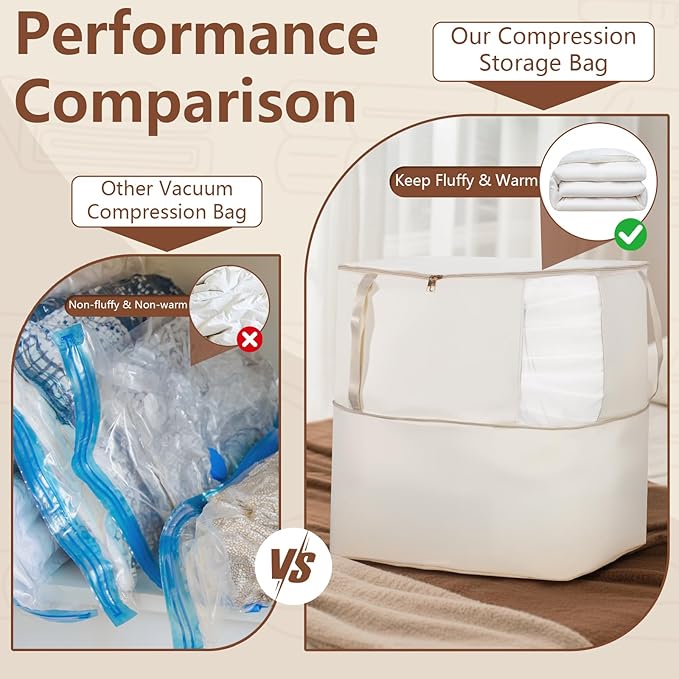 Comforter Storage Bag, Large Capacity Blanket Storage Bags with Visual Window, Ultra Space Saving Self Compression Organizer, Washable Compression Bag for Duvet, Down Jacket, Pillow, 2-Pack 136L Beige