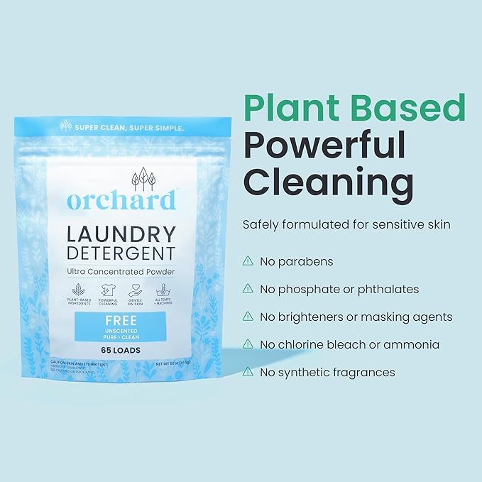 Orchard Laundry Detergent Powder Natural Deep Cleaning Laundry Powder for Sensitive Skin - Fragrance Free - Plant Based Effective Ingredients - 3.5lbs - Enzyme-Powered, Eco Friendly Detergent