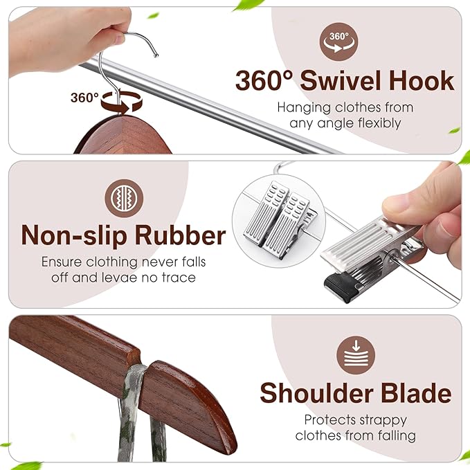 Sieral 30 Pack Wooden Pants Hangers with Clips Solid Wood Skirt Suit Coat Hangers with 2 Adjustable Clips 360 Degree Swivel Hook for Trousers Jeans Slacks Shorts Bottom, 14 Inch(Brown,Classic)