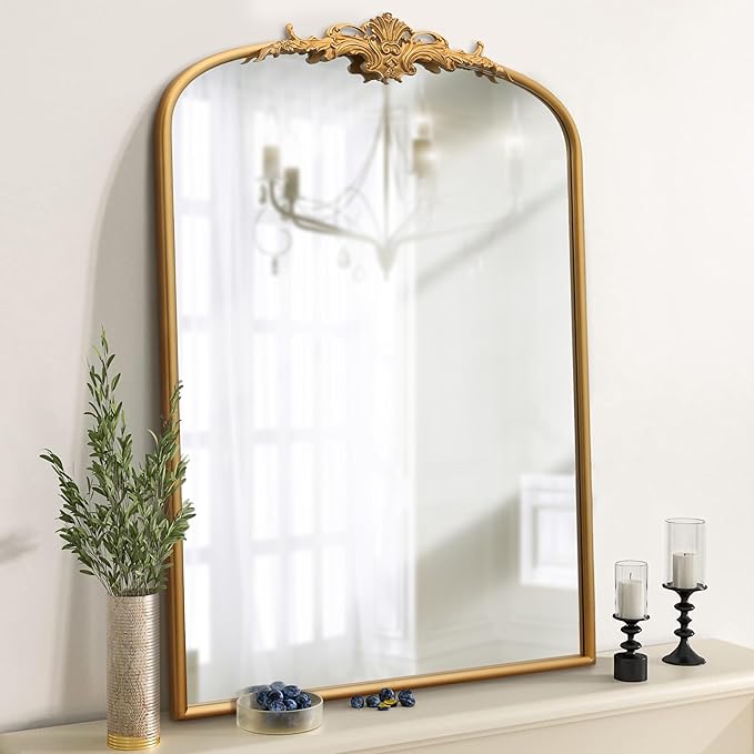 Besdomus Antique Arched Wall Mirror: 24"x36" Large Arch Gleaming Gold Vintage Wall Mounted Mirror - Traditional Ornate Home Decor for Entryway/Fireplace/Bathroom - Idea for Homemakers