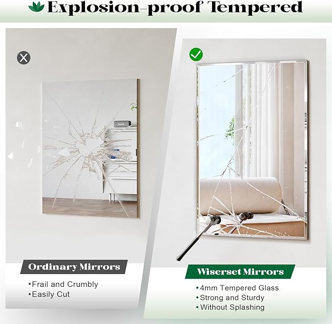 Frameless Mirror, 24"x48" Beveled Mirror for Wall, Bathroom Vanity Mirrors for Entryway, Bedroom, Living Room Hangs Horizontally or Vertically
