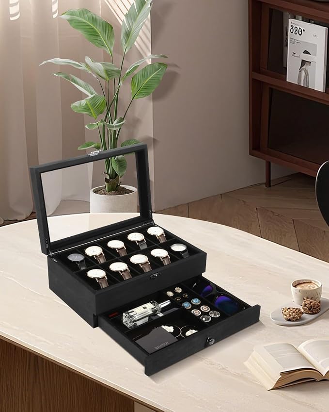 Uten 10-Slot Watch Box, 2-Layers Solid Wood Watch Display Case with Glass Lid, Watch Holder Organizer with Soft Pillow and Velvet Lining, Watch and Jewelry Storage Box, Black