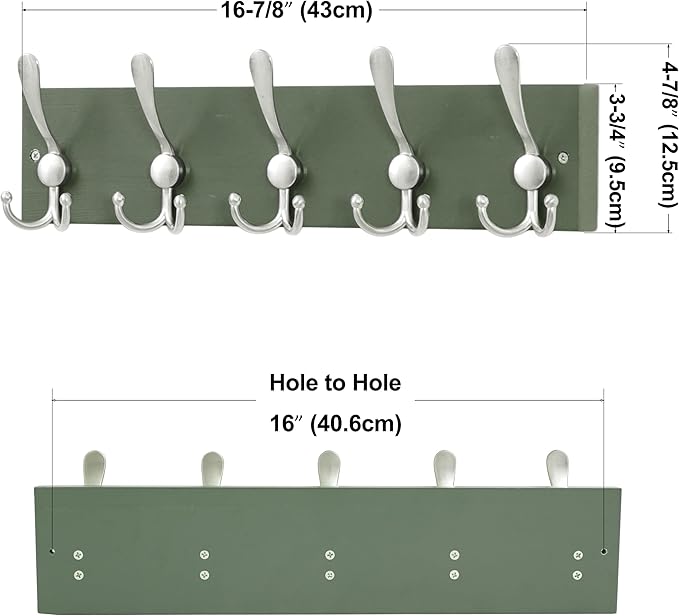 SKOLOO Creations Forest Green Solid Wood Wall Mounted Coat Rack, 5 Hooks, 16-7/8" Long - Kitchen, Mudroom, Entryway, Bathroom - Includes Mounting Hardware, Wall Coat Hanger, Towel Rack