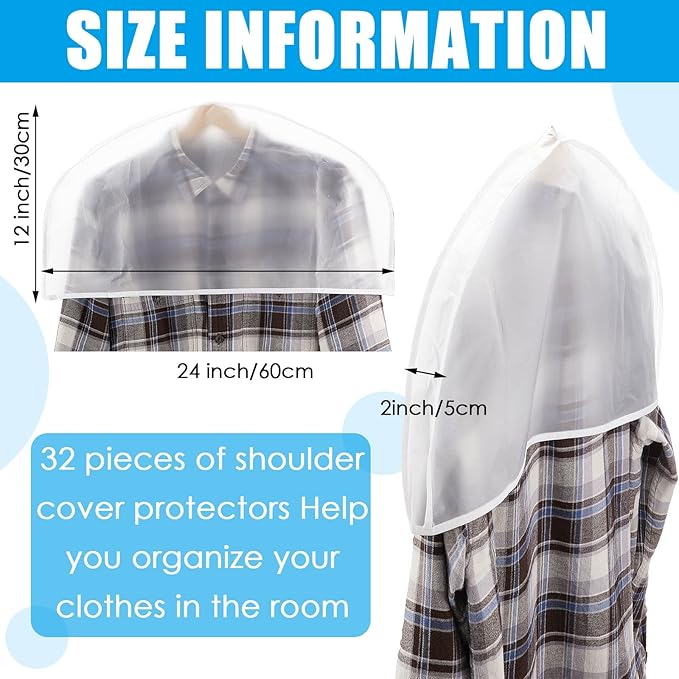 Patelai 32 Pcs Shoulder Covers for Hanging Clothes 24 x 12 x 2 Inches Plastic Garment Dust Covers Protectors with 2" Gusset for Closet Storage Suit, Coats, Jackets, Dress Closet Storage