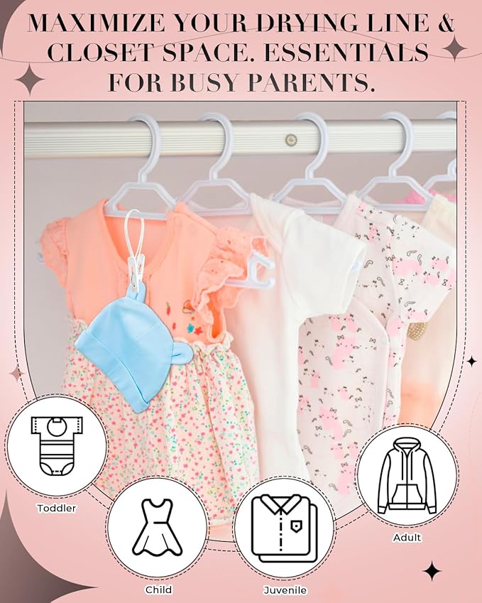 100 Pack Multi Purpose Laundry Hanging Clips with Rope, Strong Grip Hanging Clips for Baby Hangers, Pants, Socks, Towels & Closet Organization, Multi-Purpose Laundry Drying Hooks (White)