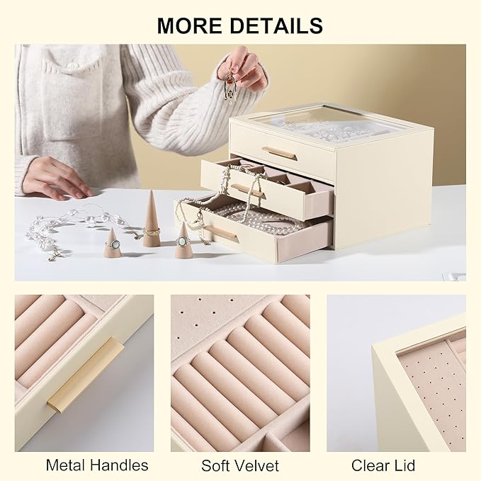 Frebeauty Clear Lid Jewelry Box,3-Layer Jewelry Organizer with Drawer,PU Leather Jewelry Organizers and Storage,Jewelry Boxes for Women,Jewelry Storage for Rings Earring Stud,Gift for Women(Beige)
