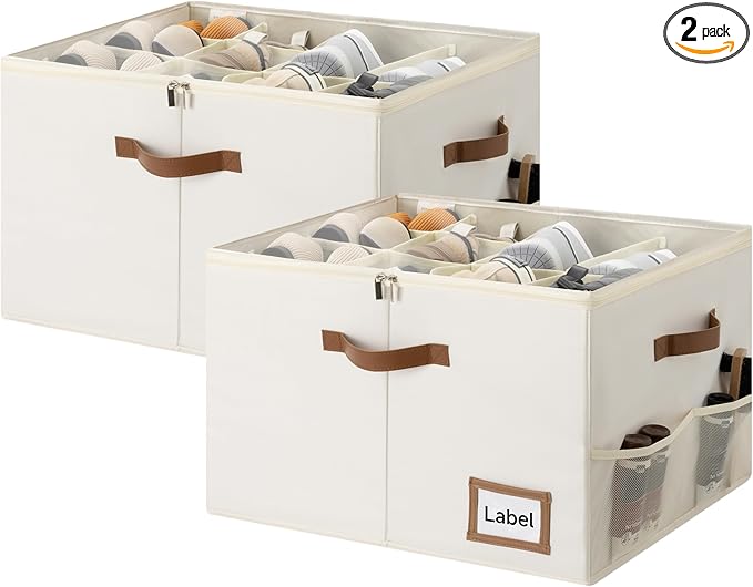 StorageWorks Shoe Oragnizer for Closet, 2 Pack Shoe Storage Cubes Holds Up to 16 Pairs, Space Saving Storage Boxes with Lid and Hanldes, Beige