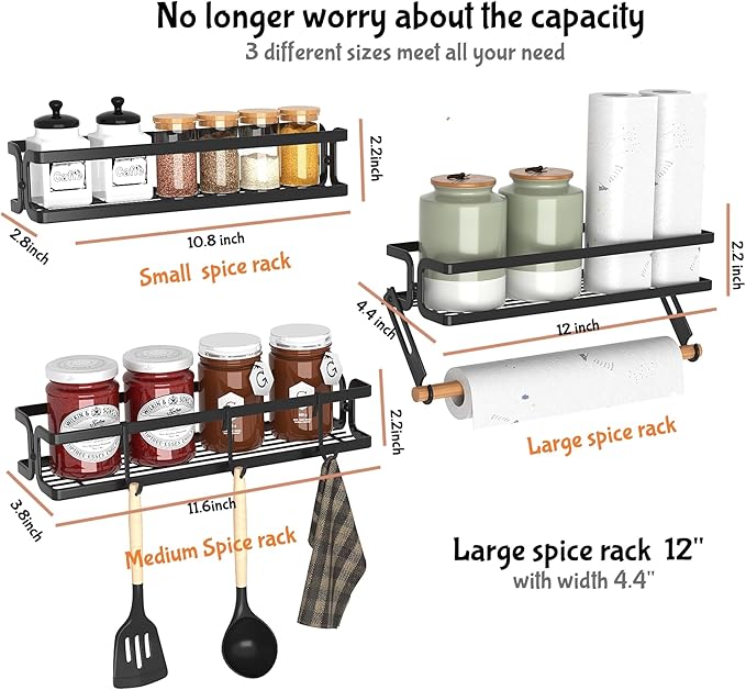 3 Pack Spice Rack Wall Mount With Paper Towel Holder and Hooks, Screw or Adhesive Hanging Spice Shelf,Space Saving Spice Organizer for Seasonings, Spice Racks for Stove,Cabinet, Pantry Black