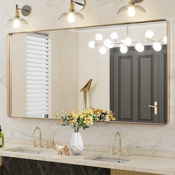 LOAAO 60”X30” Gold Bathroom Mirror, Rounded Rectangle Gold Frame Mirror, Brushed Gold Bathroom Vanity Mirror Wall-Mounted, Anti-Rust, Tempered Glass, Hangs Horizontally or Vertically
