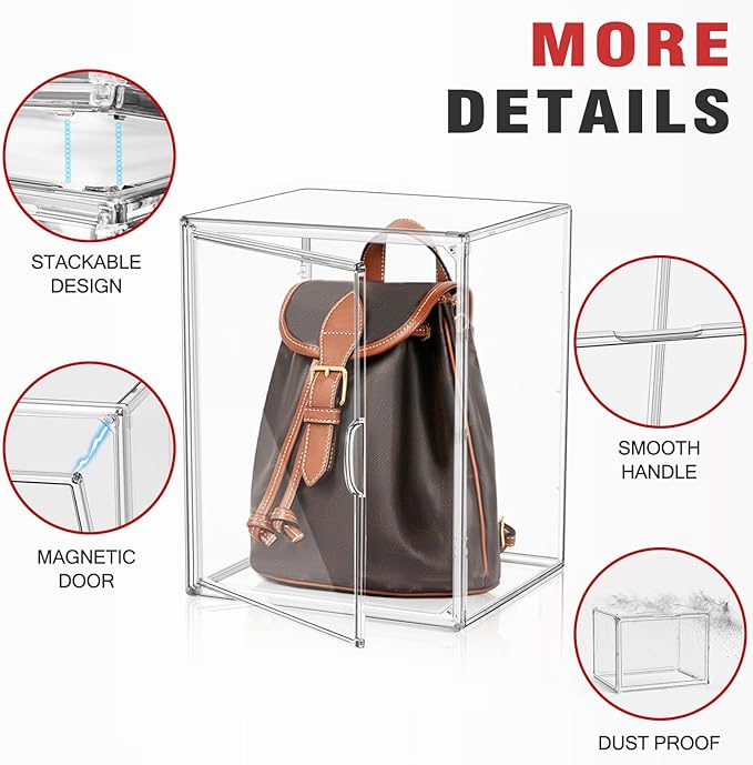 1 Pack Extra XXX-Large Acrylic Purse Display Case 17.7''x13''x13'' Clear Purse Handbag Organizer Stackable Storage Bins with Dustproof Magnetic Door Acrylic Box for Shoes, Helmet, Boots, Figures