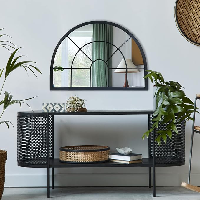 WAMIRRO Black Arched Window Pane Semi-Round Mirror - Farmhouse Mantel Half Circle Mirror for Fireplace, Living Room, Entryway Console Table,Wall Deocr 28"X20"