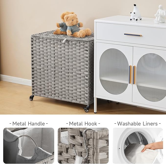 Laundry Hamper with Wheels, 39.6 Gallon(150L) Rolling Laundry Basket with Lid, Removable Large 2 Color Liners & 3 Mesh Laundry Bags, Clothes Hamper with Side Pocket, Grey