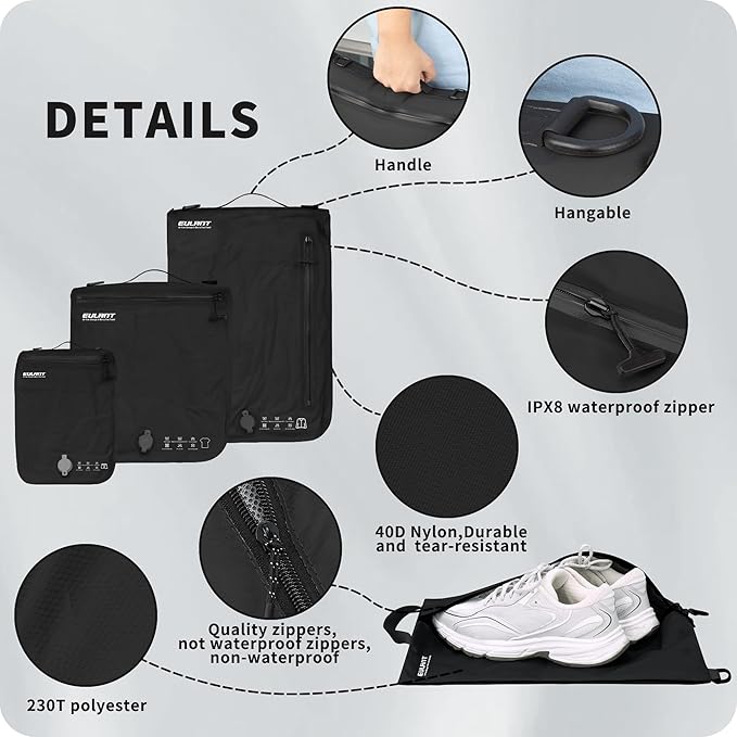 Eulant 5 Set Vacuum Packing Bags for Travel With Pump,Professional IPX8 Zip Packing Organizer for Suitcases Backpack,Space Saver Bags Packing Organizers for Clothing Packing(5 Set,Black)