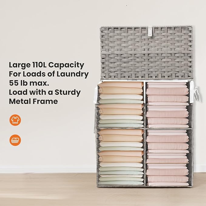 110L Laundry Hamper with Lid, Hand-Woven Pp Rattan Laundry Basket with Compartments & Handles, Removable Liner Bags,Foldable, Narrow Dirty Clothes Basket, Grey