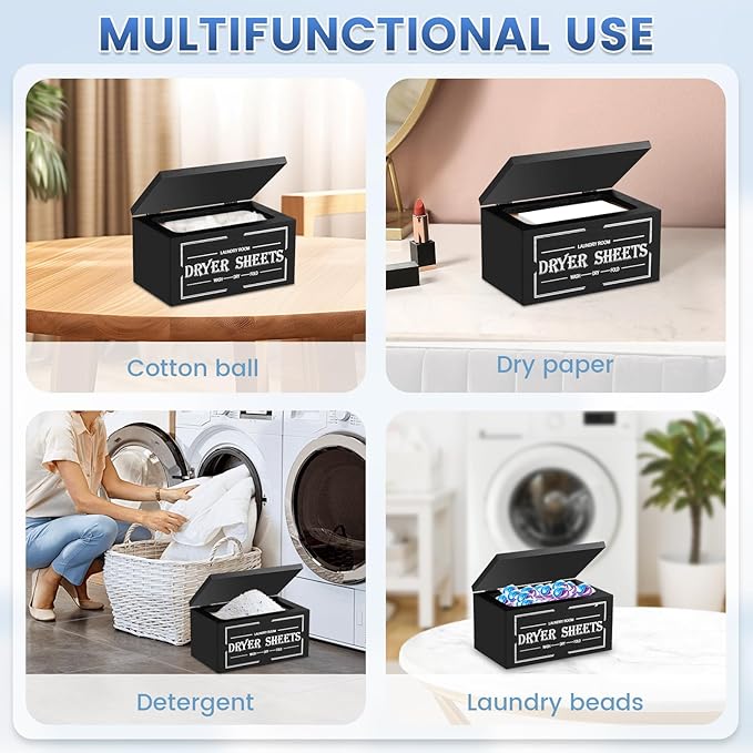 Dryer Sheet Holder with Lid, Wooden Laundry Room Organization and Storage, Large Capacity Softener Sheets Dispenser, Fabric Softener Container for Laundry Room Bathroom (Black)