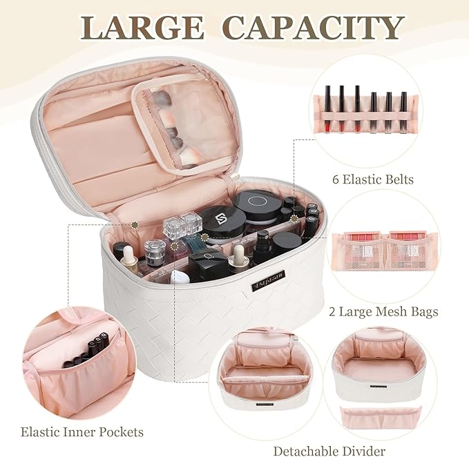 Dajasan Makeup Bag, Portable Travel Cosmetic Bag, Large Makeup Organizer Bag, PU Leather Makeup Organizer Case, Travel Toiletry Bag for Women Girls, 11.81 x 6.7 x 7.09 Inch