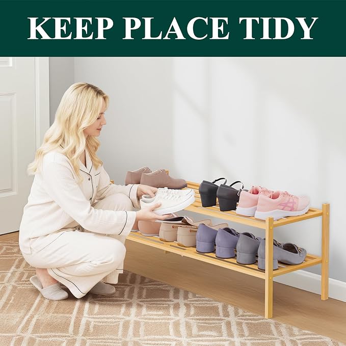 Smiry Long Bamboo Shoe Rack 2-Tier, Stackable Wooden Shoe Organizer for Entryway & Closet, Free Standing Wood Shoe Storage Shelf for Front Door & Small Spaces, Natural