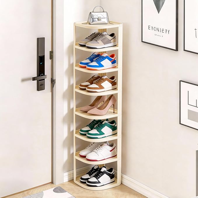 Vertical Shoe Rack 8 Tier Adjustable Shoe Organizer Small Shoe Shelf for Closet, Narrow Entryway, or Bedroom Easy to Assemble and Disassemble Holds Up to 8 Pairs of Shoes (White)