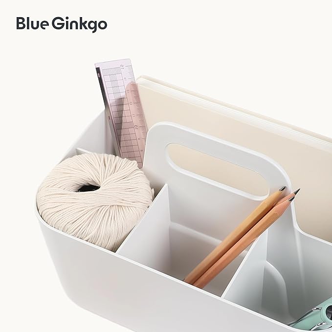 BLUE GINKGO Stackable Organizer Caddy – Korean-Made Portable Tote for Bathroom, Office, Crafts, or School Supplies (Rectangle, White)