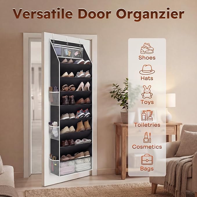 Over The Door Shoe Organizer - 8 Tier Hanging Shoe Organizer with Large Capacity Pockets, Shoe Organizer for Closet, Shoes Rack for Door, Fits 16-24 Pairs of Sneakers, Boots, Heels – Black