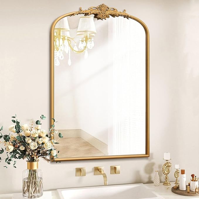 Besdomus Antique Arched Wall Mirror: 24"x36" Large Arch Gleaming Gold Vintage Wall Mounted Mirror - Traditional Ornate Home Decor for Entryway/Fireplace/Bathroom - Idea for Homemakers